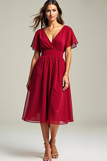 Red A Line V Neck Chiffon Mother Of The Bride Dress